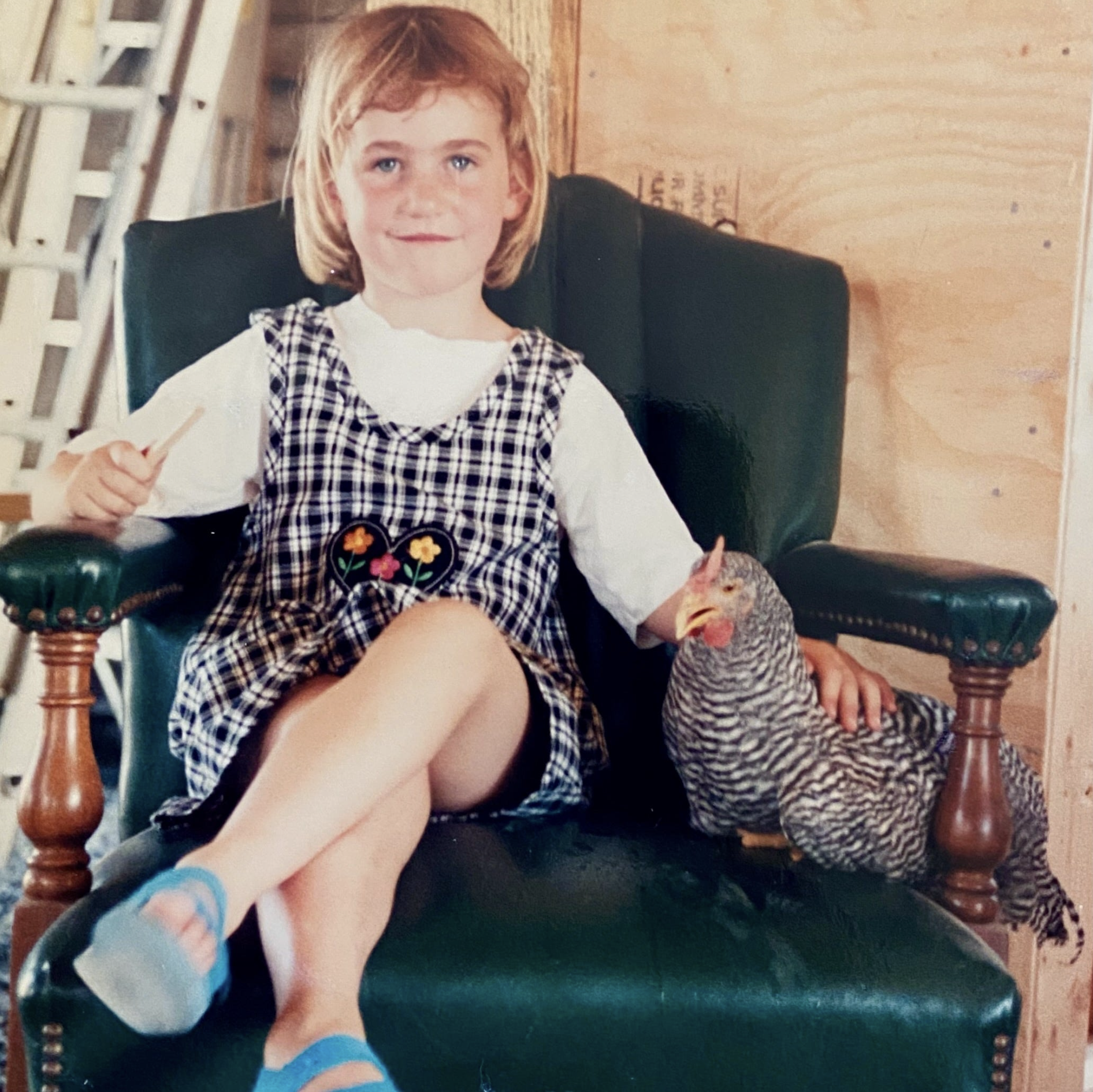 Five year old girl sits in a green chair with a young rooster.
