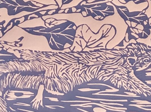 Artwork by author of squirrel on a tree