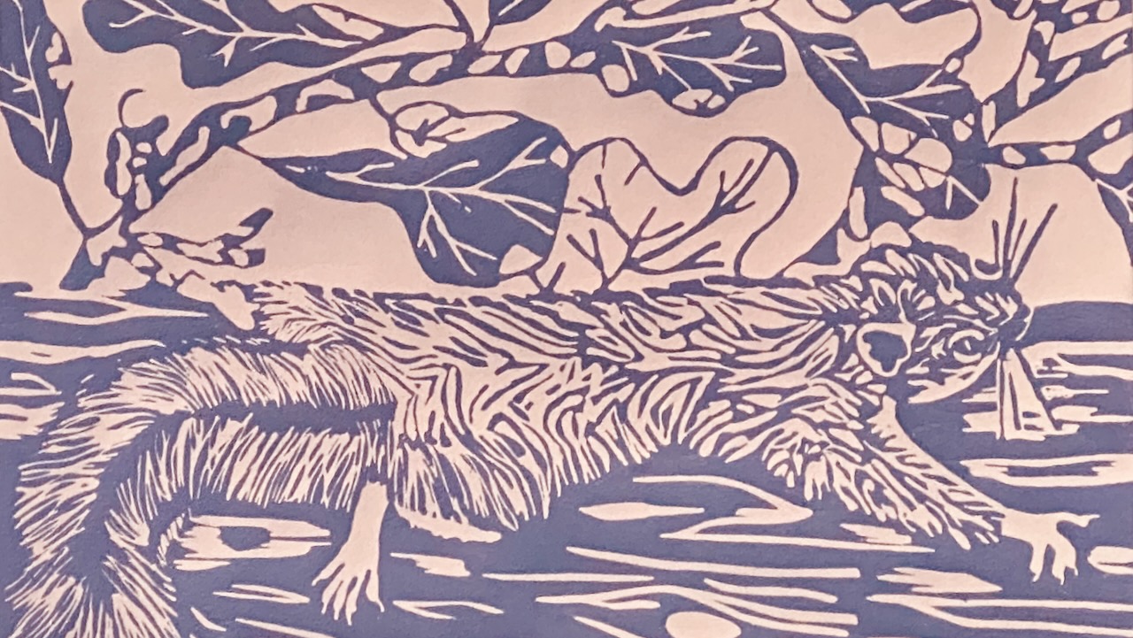 Artwork by author of squirrel on a tree